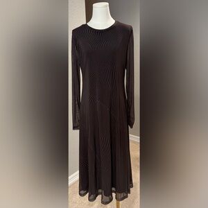 Rachel Zoe Mesh Black Brown Abstract Wave Pattern Lined Long Sleeve Midi Dress